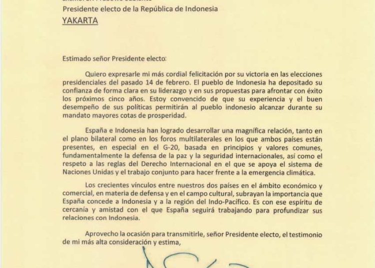 Perdana Menteri Spanyol Ucapkan Selamat ke Prabowo atas Keunggulan di Pilpres via Surat Resmi – Warga Berita